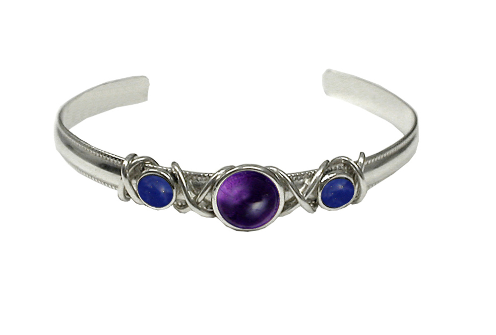 Sterling Silver Hand Made Cuff Bracelet With Amethyst And Lapis Lazuli